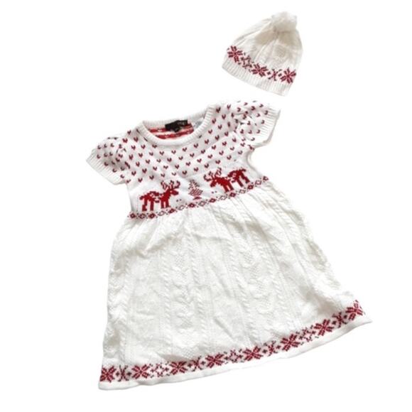 Girls 3T Reindeer Intarsia Cable Knit Sweater Dress with Beanie Hat Christmas - Picture 1 of 13